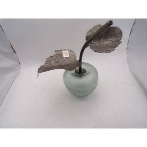 Frosted Glass Apple Figurine with Metal Stem and Leaves Seafoam Green 5 Inch